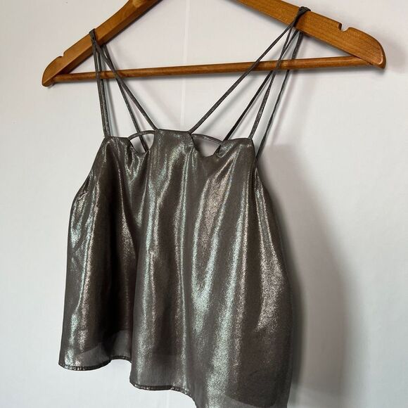 TOPSHOP 90’s Pewter Gold Metallic Crop Spaghetti Strap Top - Picture 2 of 6